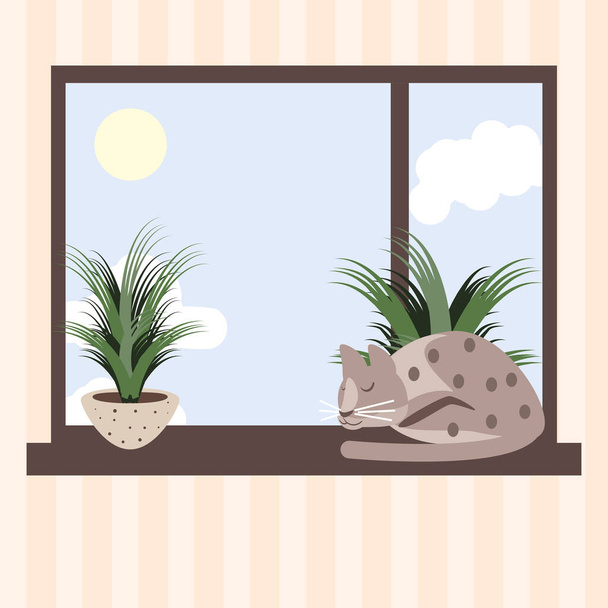 κοιμάται γάτα στο παράθυρο - Διάνυσμα, εικόνα