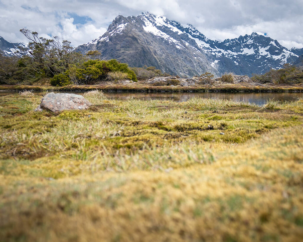 View on mountain peaks shrouded by clouds with dry grasses and small pond in foreground. Shot on Routeburn Track, New Zealand - Valokuva, kuva
