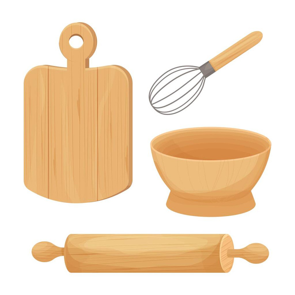 Cozinha de cozinha utensílios de madeira. Tigela, mesa, rolo em estilo cartoon isolado no fundo branco. Ilustração vetorial. - Vetor, Imagem