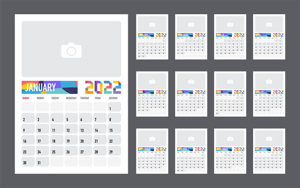 Calendar Colorful planner for 2022. The week starts on sunday. Vector design illustration. - Вектор,изображение