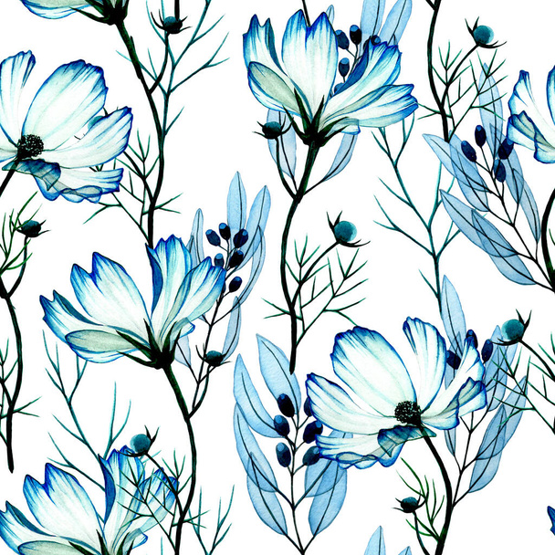 手描きの水彩画です。ユーカリの葉やコズミアカモミールの花とシームレスなパターン。白い背景に青い葉と野の花が透けて描かれています。生地用のプリント - 写真・画像