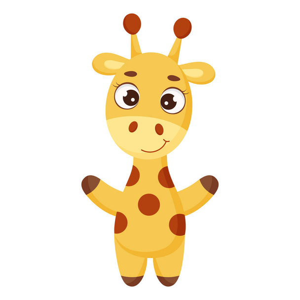 Cute little giraffe. Funny cartoon character for print, greeting cards, baby shower, invitation, wallpapers, home decor. Bright colored childish stock vector illustration. - Vetor, Imagem
