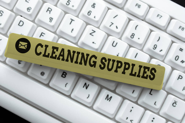 Text caption presenting Cleaning Supplies. Word Written on substances usually liquids used to remove dirt and dust Connecting With Online Friends, Making Acquaintances On The Internet - Photo, Image