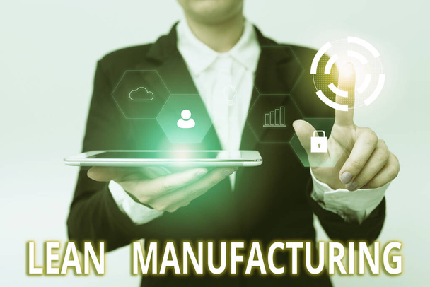 Kirjoitetaan tekstiä Lean Manufacturing. Käsitteen merkitys keskittyä minimoimaan jätteiden valmistusjärjestelmien Nainen puvussa tilalla tabletti sormella Futuristic Virtual Button. - Valokuva, kuva