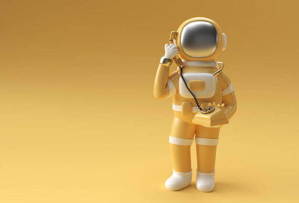 3Dレンダリング古い電話でジェスチャーを呼び出す宇宙飛行士3Dイラストデザイン. - 写真・画像