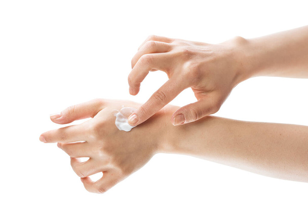female hands applying cream moisturizing cosmetics massage - Foto, Imagem