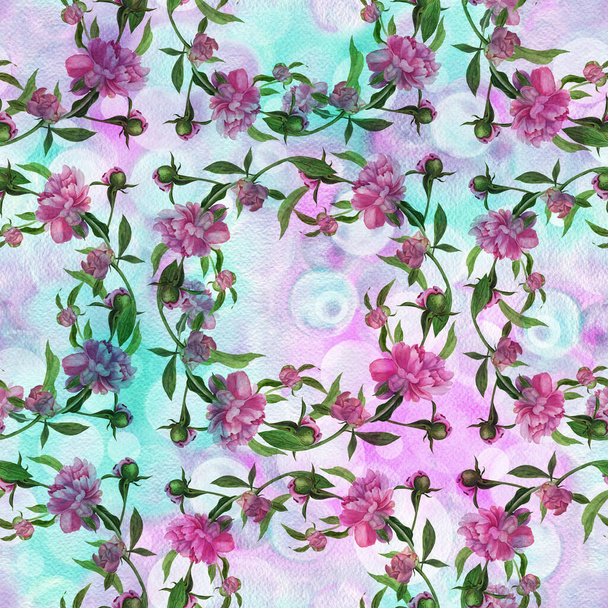 Aquarel. Bloemen en knoppen van een roze pioen. Collage van bloemen, bladeren en knoppen op een aquarelachtergrond. Decoratieve compositie op een aquarelachtergrond. Naadloos patroon.  - Foto, afbeelding