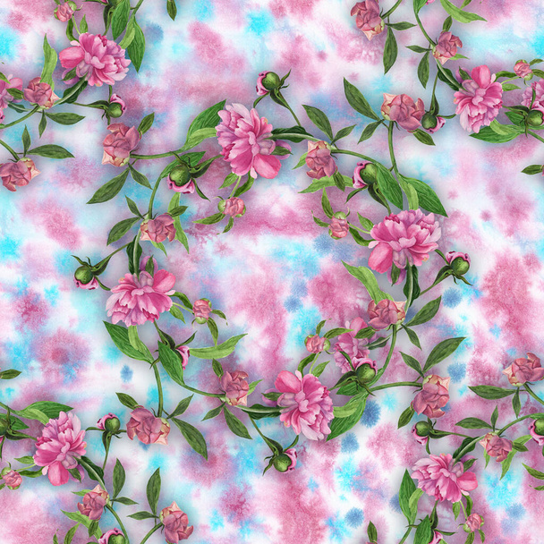 Vízfesték. Rózsaszín bazsarózsa virágai és rügyei. Kollázs virágok, levelek és rügyek egy akvarell háttér. Dekoratív kompozíció akvarell háttérrel. Zökkenőmentes minta.  - Fotó, kép