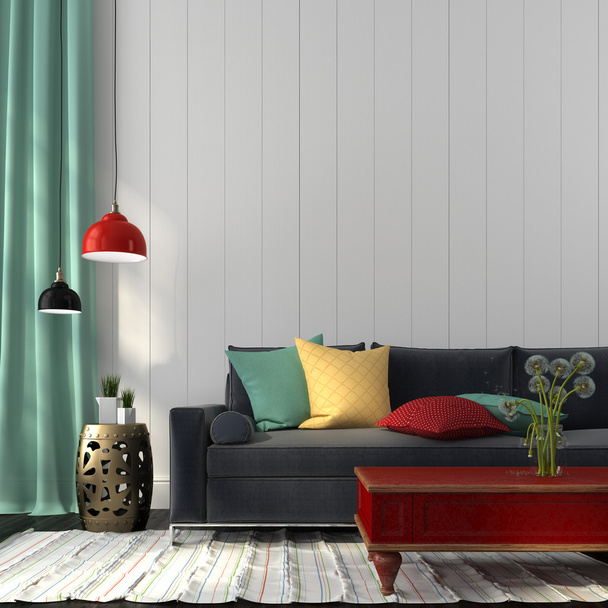 styl interiéru s tmavě modrou pohovku a červená tabulka - Fotografie, Obrázek
