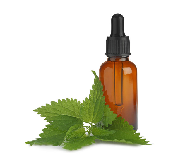 Glass bottle of nettle oil with dropper and leaves isolated on white - Foto, immagini