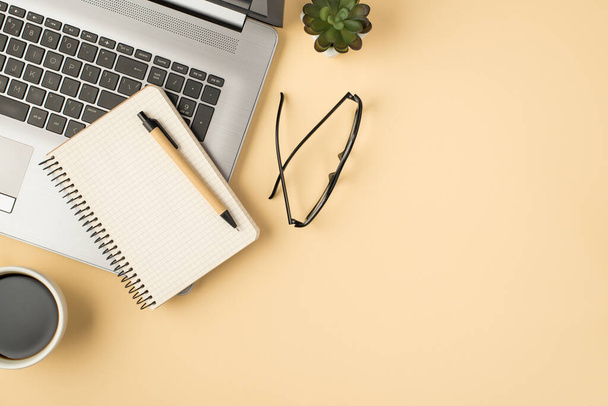 Boven foto van laptop notebook pen bril plant en kopje koffie geïsoleerd op de beige achtergrond met copyspace - Foto, afbeelding