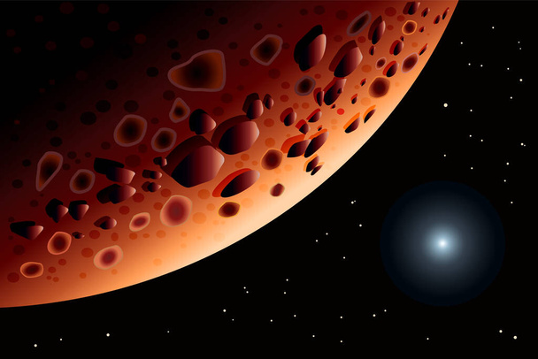 'ρη. Πλανήτης ηλιακού συστήματος. Μεγάλο τοπίο κόκκινο πλανήτη. Αφηρημένο επιστημονικό υπόβαθρο. Σχεδιασμός διακόσμησης χώρου. Πλανήτης Άρης και λαμπρό αστέρι στο διάστημα. Λαμπερός πλανήτης στο φως των αστεριών. Εικόνα διανύσματος αποθέματος - Διάνυσμα, εικόνα