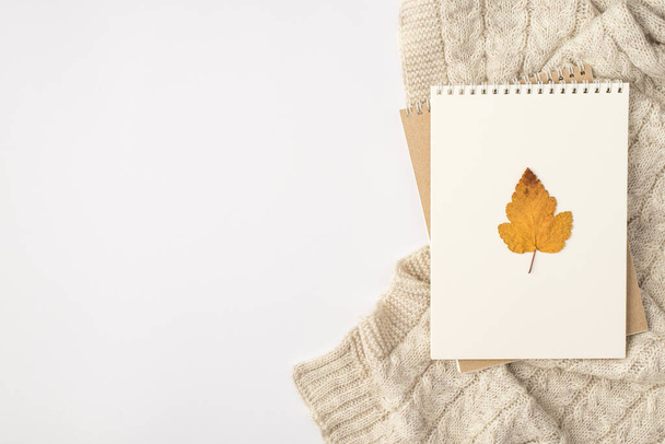 Top view photo of yellow autumn leaf on notebooks and knitted pullover on isolated white background with copyspace - Fotó, kép