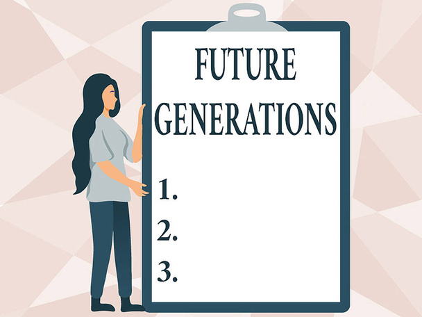 A szöveg inspirációt ad a jövő generációinak. Szó generációk után a jelenleg élő generáció nő rajz gazdaság egy nagy üres vágólap mutatja az új jelentés. - Fotó, kép