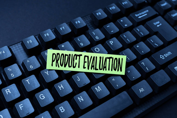 Writing displaying text Product Evaluation. Word for viability of the product with respect to market demand Online Browsing And Exploring, Creating Blog Content, Sending New Messages - Photo, Image