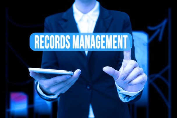 Handwriting text Records Management. Business concept administration of records and documented information Lady In Uniform Holding Phone Pressing Virtual Button Futuristic Technology. - Photo, Image