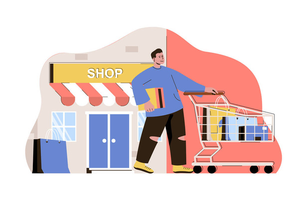 Shopping and vacation concept. Man shopping in the store on travel situation. Shopper puts purchases in cart people scene. Vector illustration with flat character design for website and mobile site - Vektori, kuva