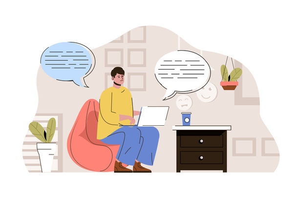 Social media concept. Man browsing social networks and chatting with friends situation. Online communication people scene. Vector illustration with flat character design for website and mobile site - Vector, Image