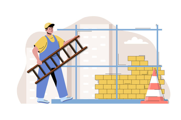 Urban construction concept. Man building brick wall, builder construct house situation. Real estate business people scene. Vector illustration with flat character design for website and mobile site - Vektori, kuva
