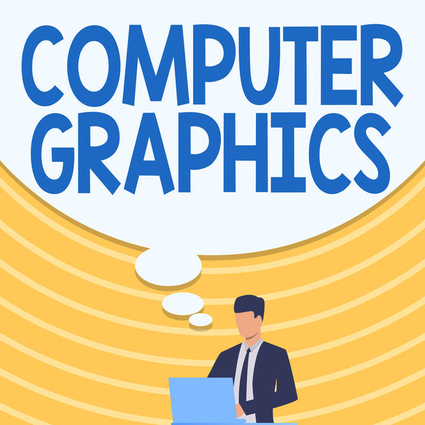 Podpis koncepcyjny Grafika komputerowa. Koncepcyjne zdjęcie wizualne reprezentacje danych wyświetlanych na monitorze Businessman In Suit Drawing Using Laptop With Large Idea Bubble. - Zdjęcie, obraz