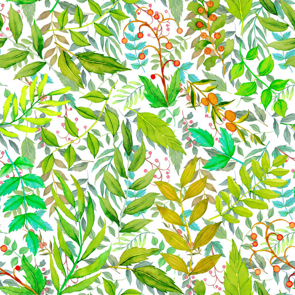 Watercolor seamless pattern with vintage leaves. Beautiful botanical print with colorful foliage for decorative design. Bright spring or summer background. Vintage wedding decor. Textile design. - Photo, Image