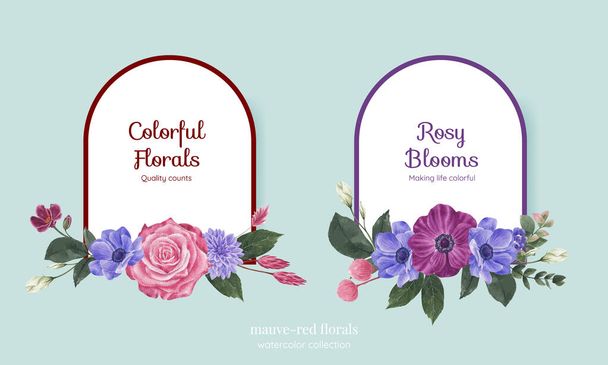 Wreath template with muave red floral concept,waterolor styl - Vector, Image