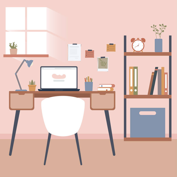 Επίπεδη σχεδίαση του εσωτερικού χώρου του χώρου εργασίας περιλαμβάνουν τραπέζι, φορητό υπολογιστή, λάμπα, βιβλία και ράφι διανυσματικό απόθεμα - Διάνυσμα, εικόνα