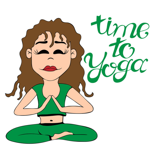 Egy fiatal lány jóga pózban ül, "Ideje jógázni" felirattal. Itt az ideje a test egészségének, elme jóga gyakorlatok segítségével. A meditáció fogalma. Vektor. - Vektor, kép
