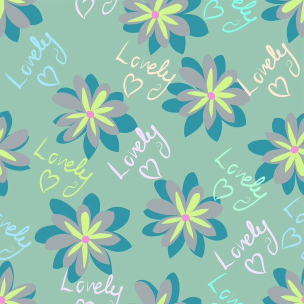 Floral pastel vector repeat pattern with handwritten word 'lovely' in multicolor surrounded by flowers on a sage green background - Vector, Image