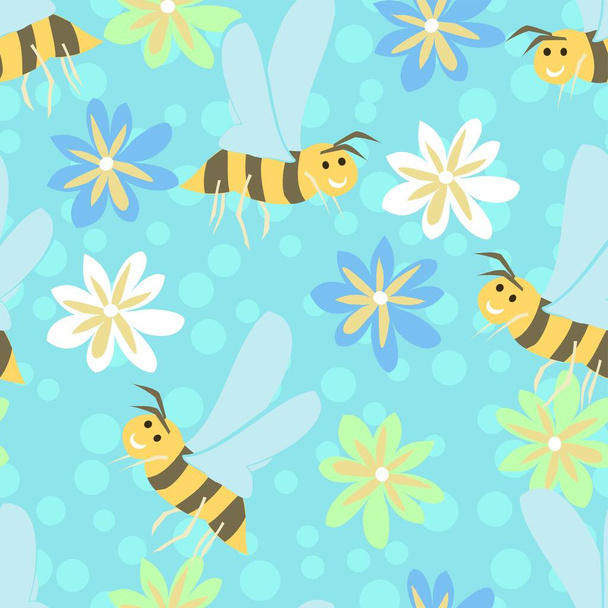 Słodki, szczęśliwy wektor pszczół bezszwowy powtarzalny wzór z kwiatami rozrzuconymi na błękitnym tle kropkowane - Wektor, obraz