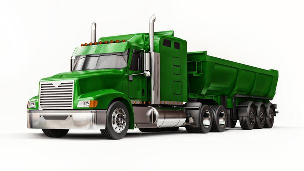 Grand camion américain vert avec un camion à benne basculante de type remorque pour le transport de marchandises en vrac sur un fond blanc. Illustration 3d - Photo, image