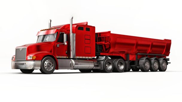 Duży czerwony amerykański samochód ciężarowy z przyczepą typu wywrotka do transportu ładunków masowych na białym tle. Ilustracja 3D - Zdjęcie, obraz