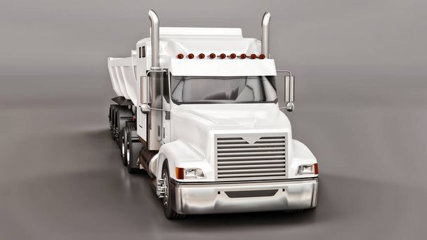 Gran camión americano blanco con un camión volquete tipo remolque para el transporte de carga a granel sobre un fondo gris. ilustración 3d - Foto, Imagen