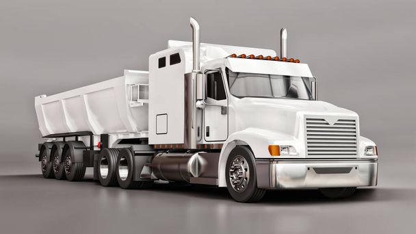 グレーの背景にバルク貨物を輸送するためのトレーラー型ダンプトラックと大規模な白いアメリカのトラック。3Dイラスト - 写真・画像