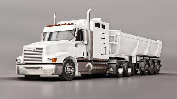 Grand camion américain blanc avec un camion à benne basculante de type remorque pour le transport de marchandises en vrac sur un fond gris. Illustration 3d - Photo, image