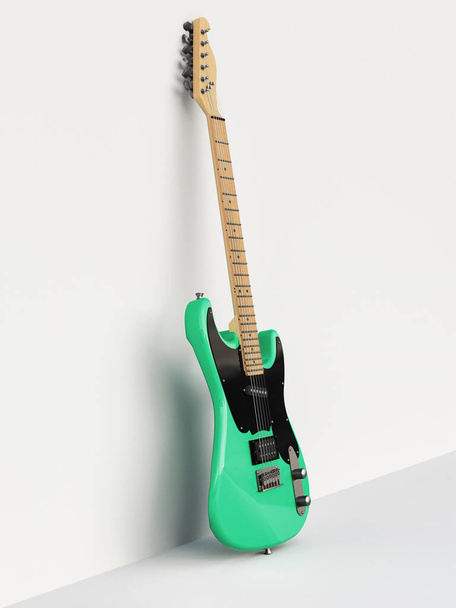 Guitare électrique à six cordes verte et noire sur fond blanc, appuyée contre le mur. Rendu 3d - Photo, image