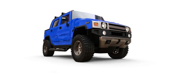 Large blue off-road pickup truck for countryside or expeditions on white isolated background. 3d illustration - Photo, Image