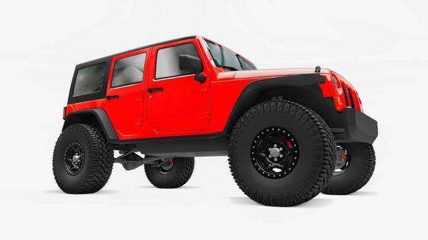 Potente SUV rosso sintonizzato per spedizioni in montagna, paludi, deserto e qualsiasi terreno accidentato. Grandi ruote, sospensioni di sollevamento per ostacoli ripidi. rendering 3d - Foto, immagini