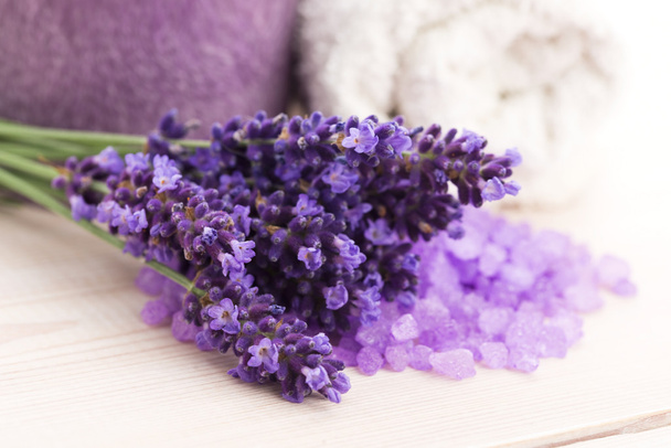 Lavender flowers and the bath salt - beauty treatment  - Photo, Image