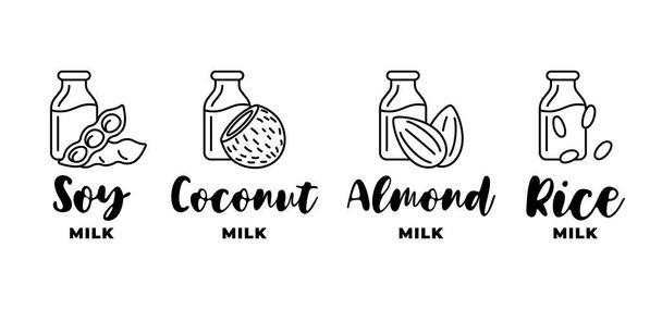 Soya, badem, hindistan cevizi ve pirinç sütlü logo seti. Vejetaryen laktoz süt ürünleri bedava içecek ambalajı için doğrusal tasarım elementleri. Sağlıklı vejetaryen meşrubat el çizimi logot koleksiyonu illüstrasyon sağlar - Vektör, Görsel