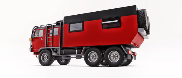 Gran camión rojo preparado para largas y desafiantes expediciones en áreas remotas. Camión con una casa sobre ruedas. ilustración 3d - Foto, Imagen