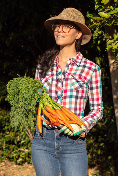 Una morena feliz con las zanahorias que ha cosechado de su jardín orgánico. Lleva gafas graduadas, sombrero de paja y camisa a cuadros. Comida vegana. Vida sana. Estilo de vida. Hora dorada. - Foto, imagen