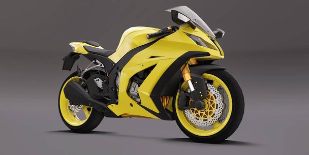 グレーの背景に3Dイエロースーパースポーツバイク。3Dイラスト - 写真・画像