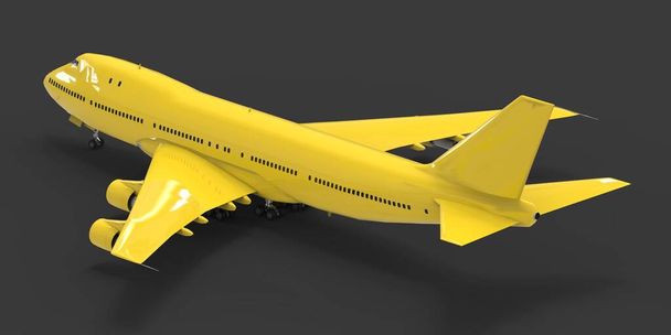 Große Passagierflugzeuge mit großer Kapazität für lange Transatlantikflüge. Gelbes Flugzeug auf grauem isolierten Hintergrund. 3D-Illustration - Foto, Bild