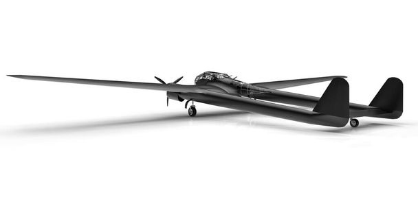 Toisen maailmansodan pommikoneiden kolmiulotteinen malli. Kiiltävä alumiinirunko, jossa on kaksi häntää ja leveät siivet. Potkuriturbiini. Kiiltävä musta lentokone valkoisella taustalla. 3d kuva - Valokuva, kuva