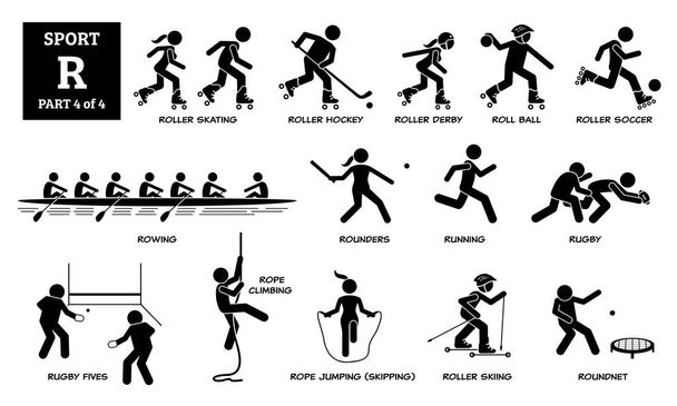 Пиктограмма с векторными иконками для спортивных игр. Роллер-скейтинг, роллер-хоккей, дерби, ролл-бол, футбол, гребля на байдарках, ролдеры, бег, регби, регби-пятерки, скалолазание, прыжки с трамплина, катание на лыжах и кольцевая сеть. - Вектор,изображение