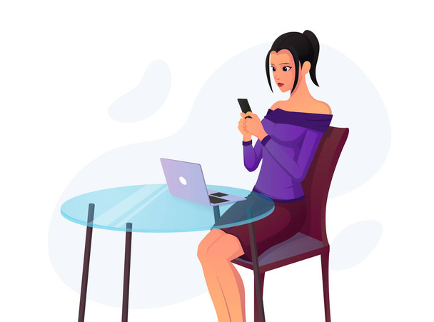 Όμορφο κορίτσι γραπτών μηνυμάτων στο τηλέφωνό της, ενώ κάθεται σε μια καρέκλα μπροστά από το laptop της Premium Vector εικονογράφηση - Διάνυσμα, εικόνα