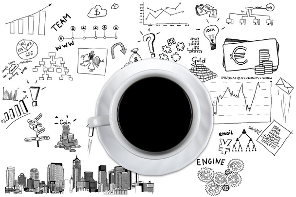 Taza de café en el fondo de la estrategia de negocios
 - Foto, Imagen