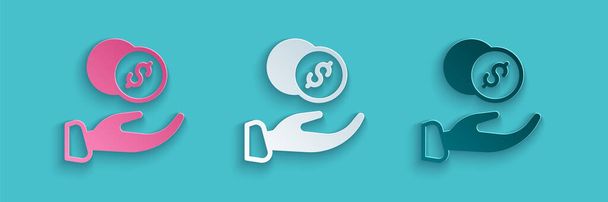 Papírvágás Adomány kéz pénz ikon elszigetelt kék háttérrel. A kéz adományszimbólumként pénzt ad. Adományoz pénzt és jótékonysági koncepciót. Papírművészeti stílus. Vektor - Vektor, kép
