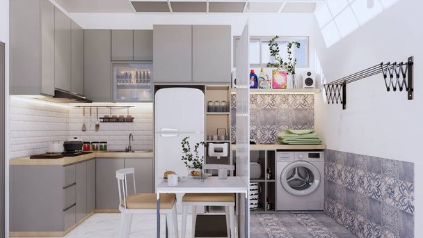 a Kuchyně a prádelna prostor za domem s konceptem přirozeného světla, které mohou vstoupit přes polyesterové stříšky - Fotografie, Obrázek